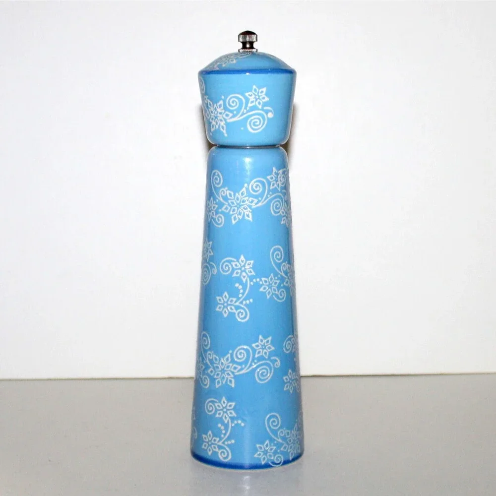 Temptations Pepper Grinder mill ceramic Blue Floral Lace Winter 10” white